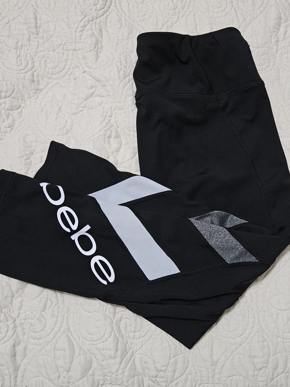 bebe Black Capris with White Logo and Gray Accent